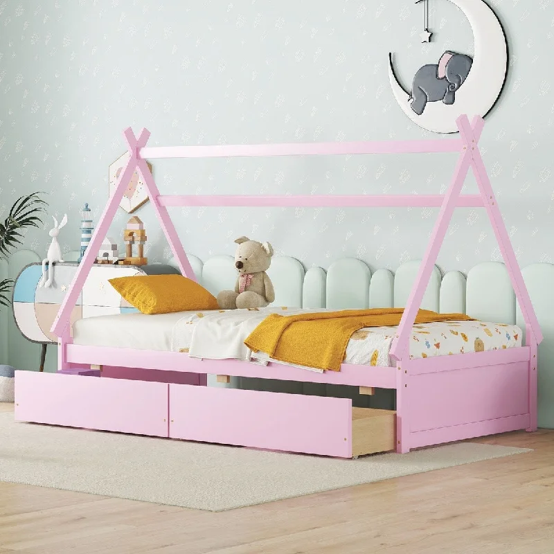 Wood Teepee Bed Twin Storage Bed with 2 Drawers, Pink House Tent Bed