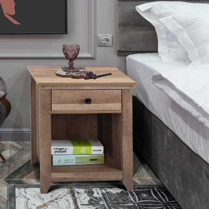 1-Drawer Wood Nightstand with USB Ports and Open Shelf