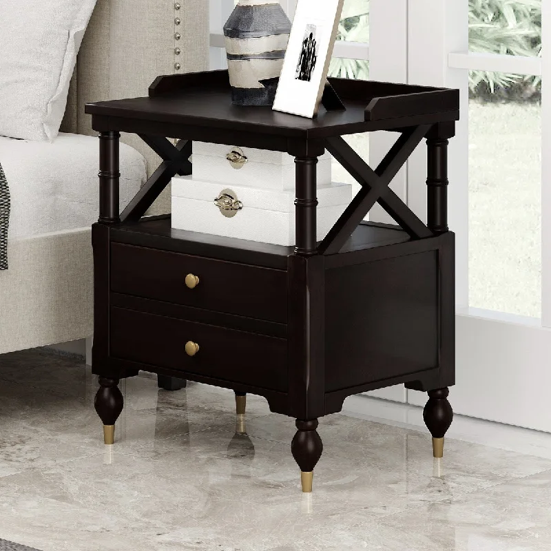 17" Modern Style Solid Pine Wood 2-Drawers Nightstand with Fenced Desktop, Open Shelf and Easy-Pull Metal Glides