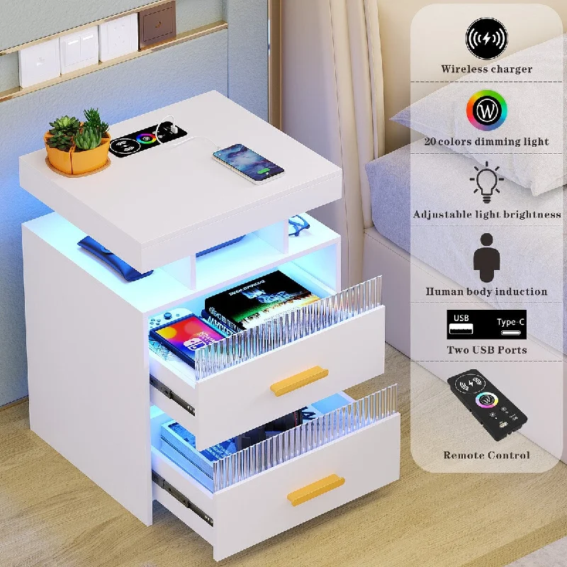 2 Drawer Nightstand With Light and Wireless Charging Station