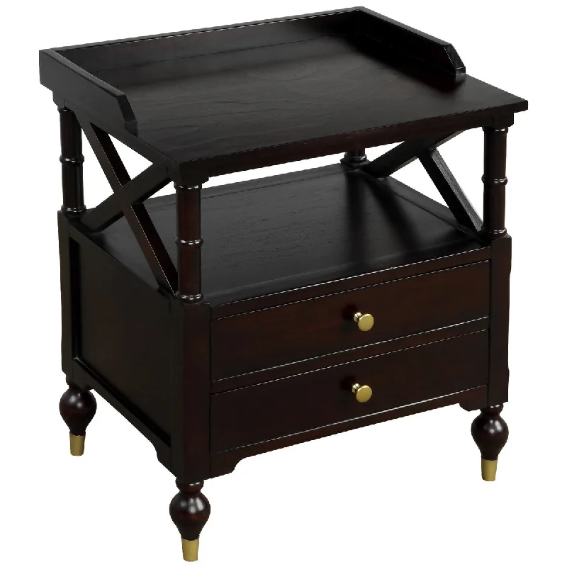 2 Drawer Nightstand with X Accent and Turned Feet, Brown