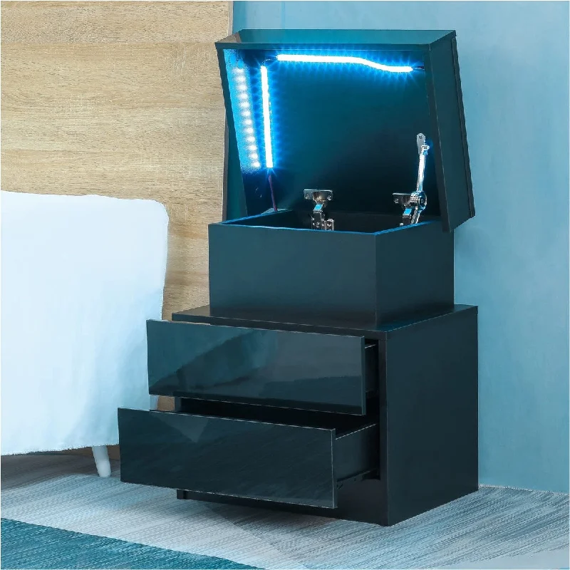 20.5" Tall LED Nightstand with Flip Top and Drawers, Modern Black Night Stands with Multi-Colour LED Lights