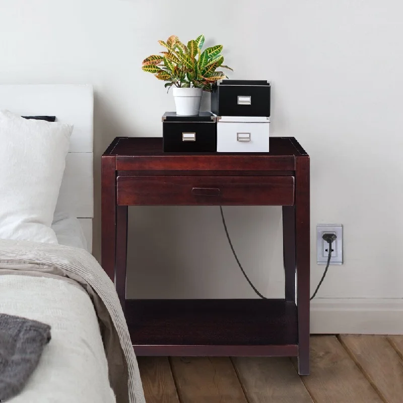 26"H Wooden Nightstand with USB ports and One Drawer, Espresso