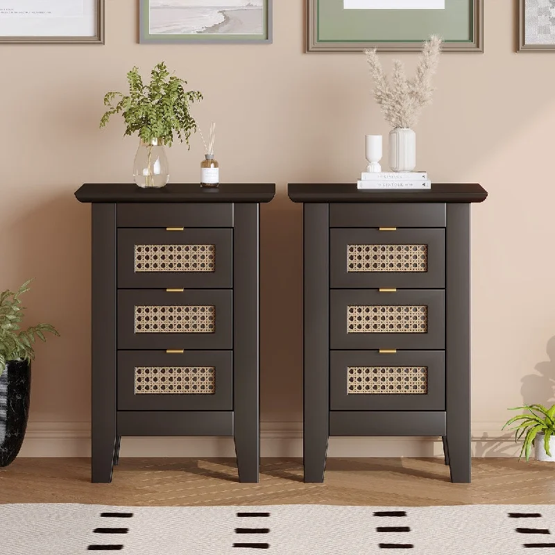 2PCS Wood Rattan Nightstands