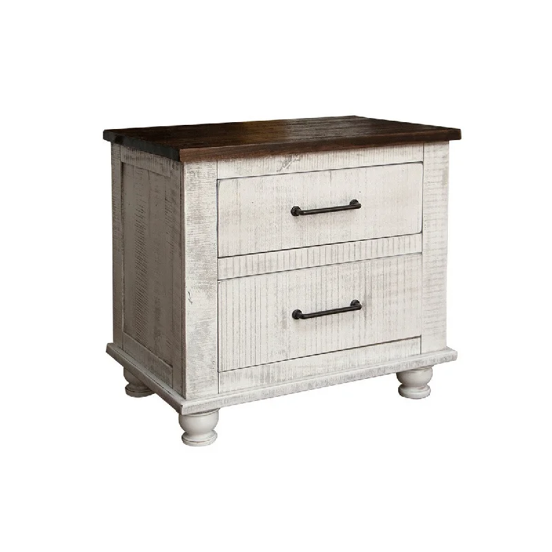 31 Inch Nightstand 2 Drawers Distressed Solid Mango Wood Microfiber