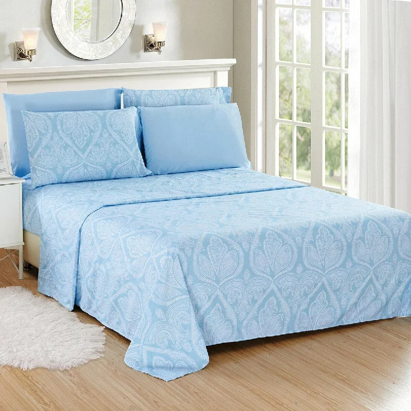 6 Piece 1800 Series Egyptian Paisley Sheet Set Queen White Blue