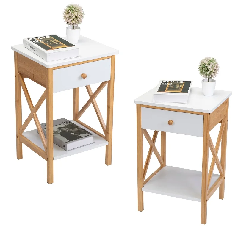 Bamboo Nightstand with Drawer and Storage Shelf,Set of 2