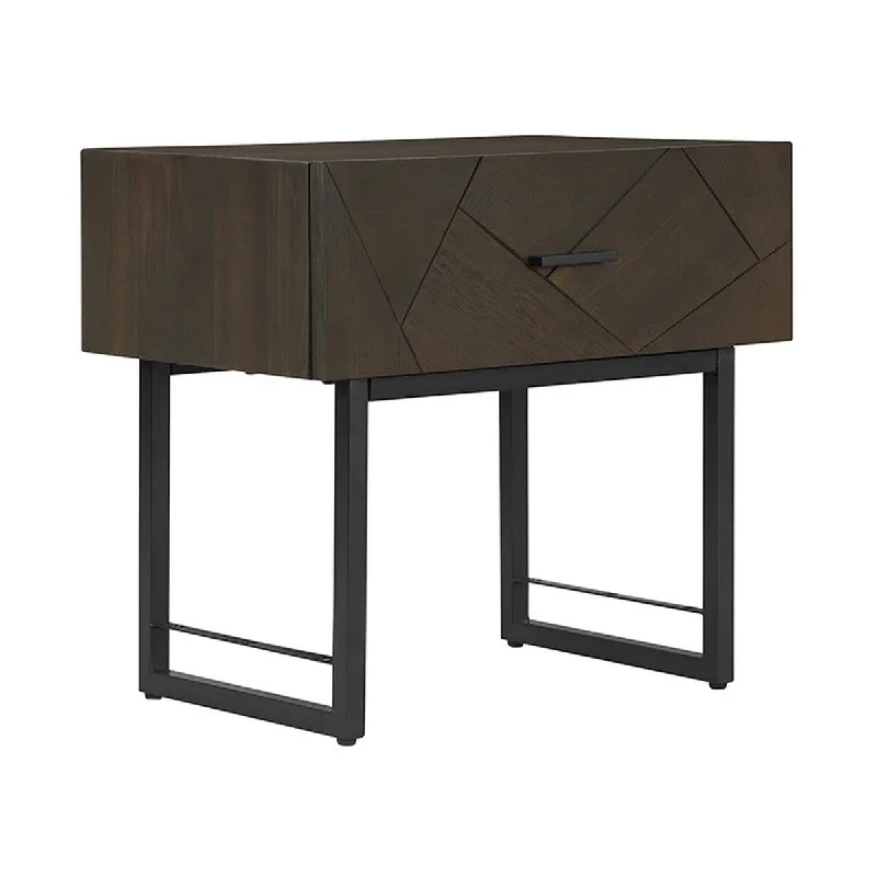 Bev 24 Inch Nightstand with One Drawer, Black Metal, Dark Brown Oak Wood