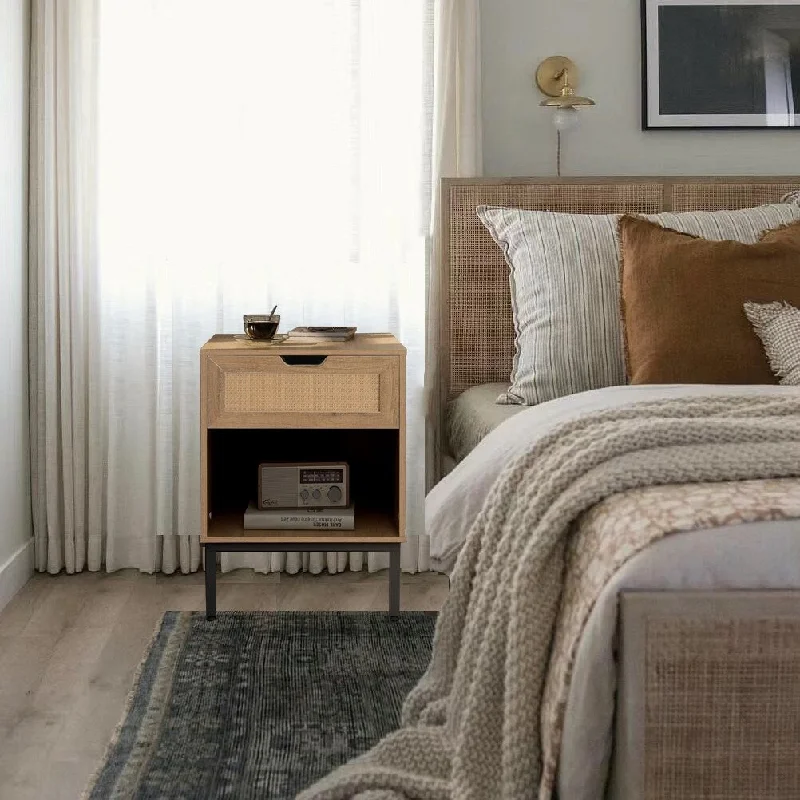 Boho Nightstand Table with Rattan Drawer, Open Storage Shelf