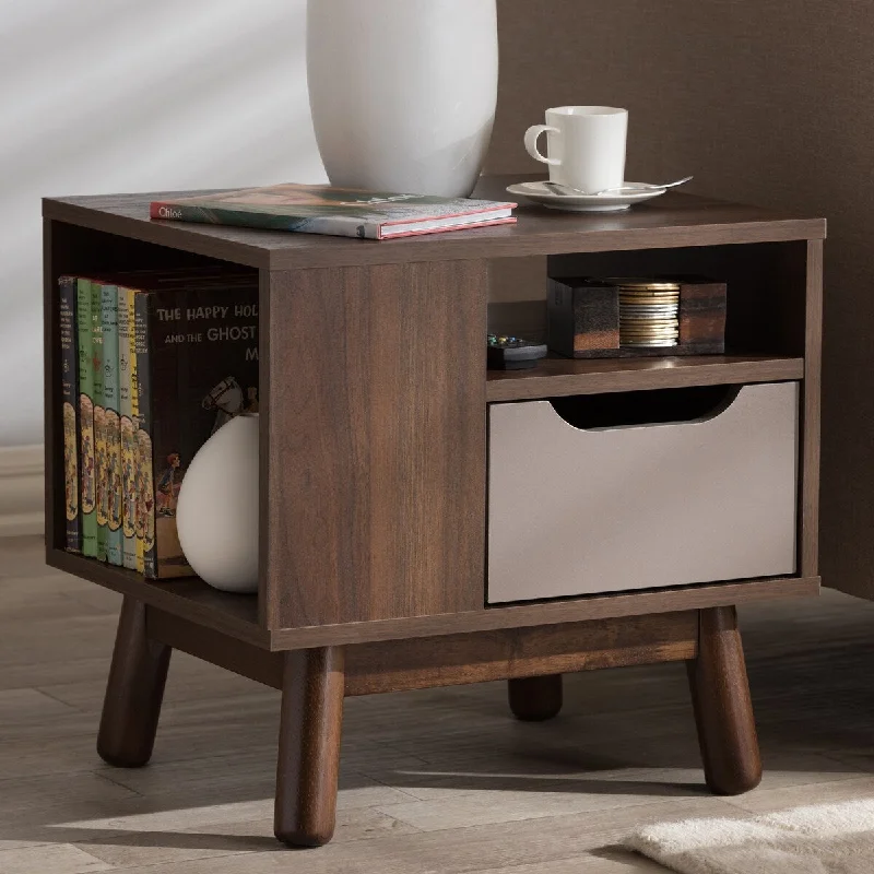 Britta Mid-Century Modern Walnut Brown and Grey Two-Tone Finished Wood Nightstand