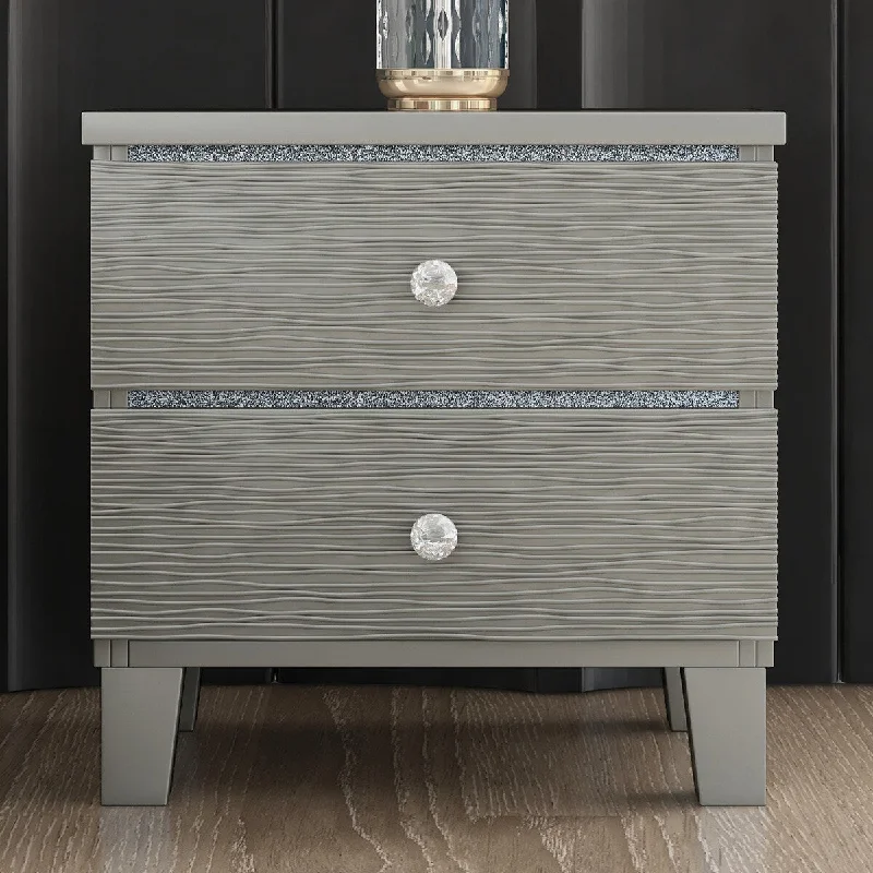 Champagne Silver Rubber Wood Nightstand Side table with 2 Drawers Metal Slides Crystal Handle