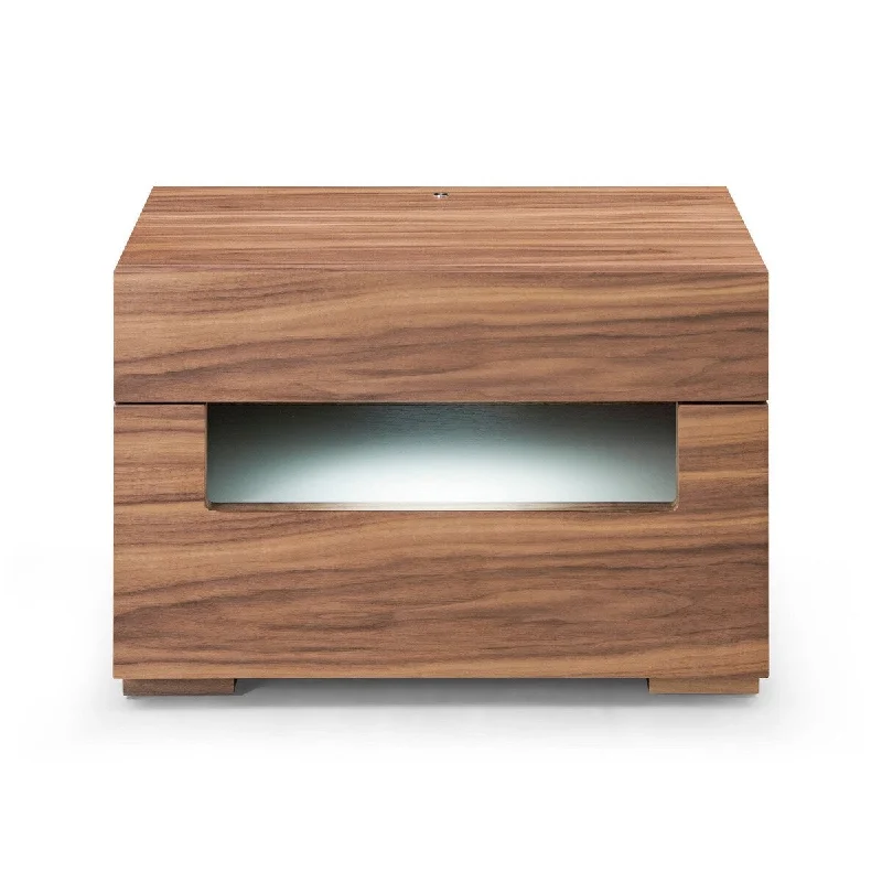 Cid 23 Inch Modern Minimalist Wood Nightstand with 2 Drawers, LED, Walnut