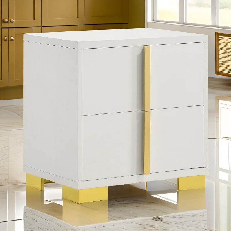 Dex 22 Inch Nightstand, 2 Drawers with Long Vertical Gold Handles, White