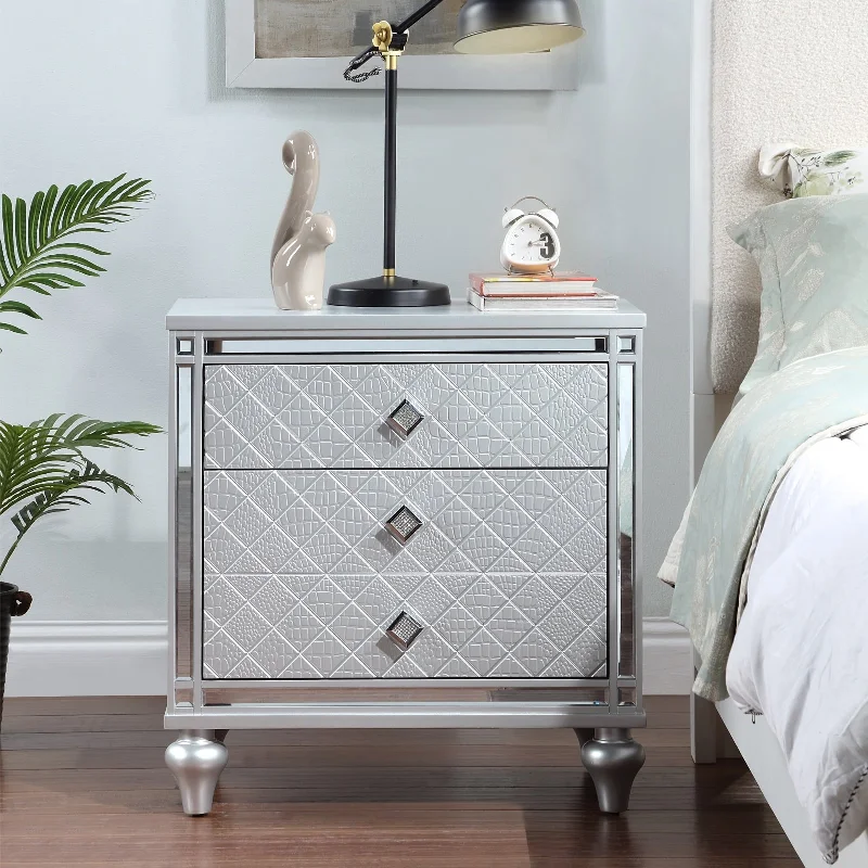 Faux Crocodile Texture Silver Nightstand with Mirror Frame Accent