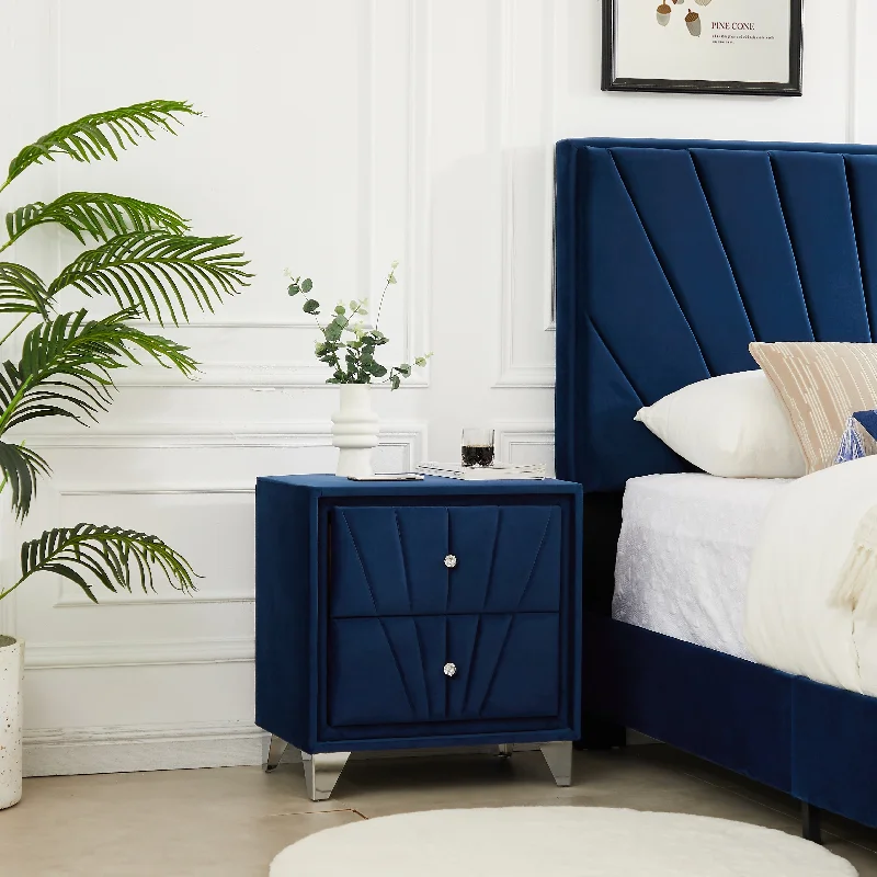 Flannelette Upholstered Nightstand - Blue Simple Lamp Table 2-decker Nightstand, Metal Legs with Electroplate Side Table