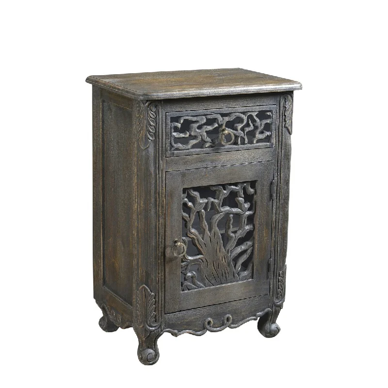 Florence 1-Drawer 1-Door Black Carved Nightstand.