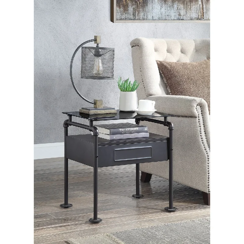 Glass & Sandy Gray Industrial Nightstand - Metal Frame - Tempered Glass Top