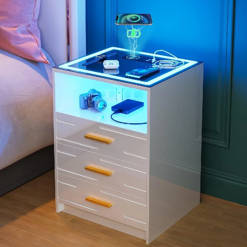 High Gloss LED Nightstand with Wireless Charging Station 17.7"D x 17.7"W x 24.2"H