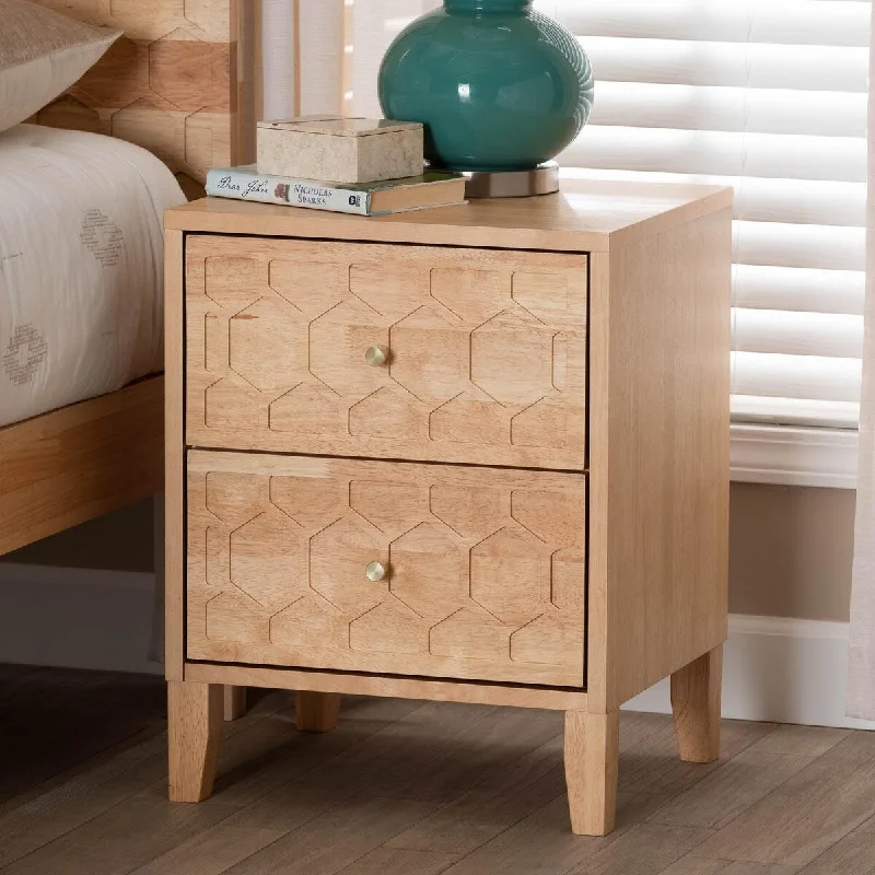 Hosea Japandi Carved Honeycomb Natural 2-Drawer Nightstand