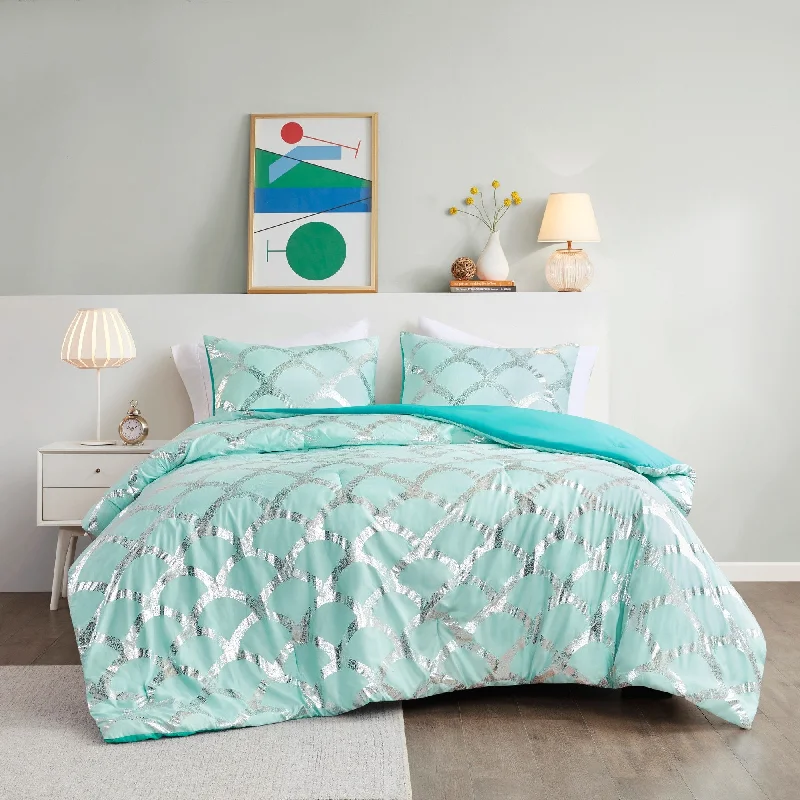 Intelligent Design Kaylee Aqua Metallic Printed Comforter and Sham Set