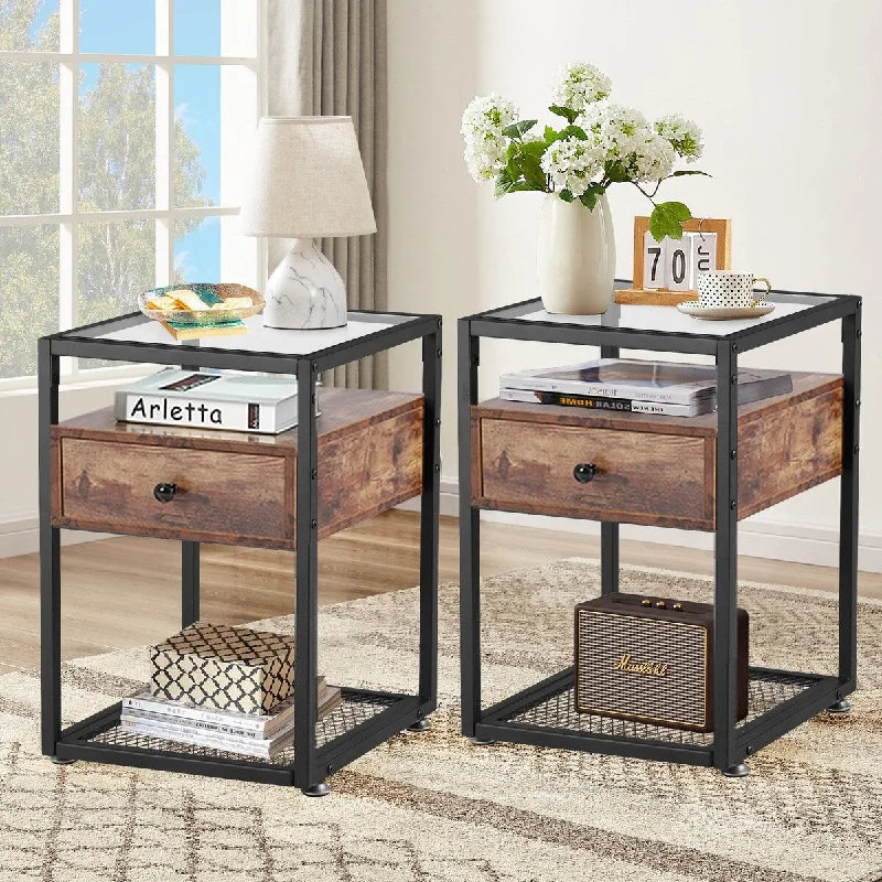 Javlergo 1-Drawer Nightstands with Shelf, Modern Glass Top End Side Table, Set of 2