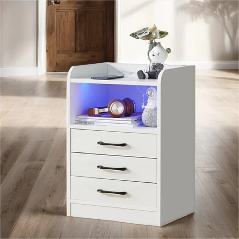 LED Nightstand with 3 Drawers,Charging Station,USB Ports and Outlets