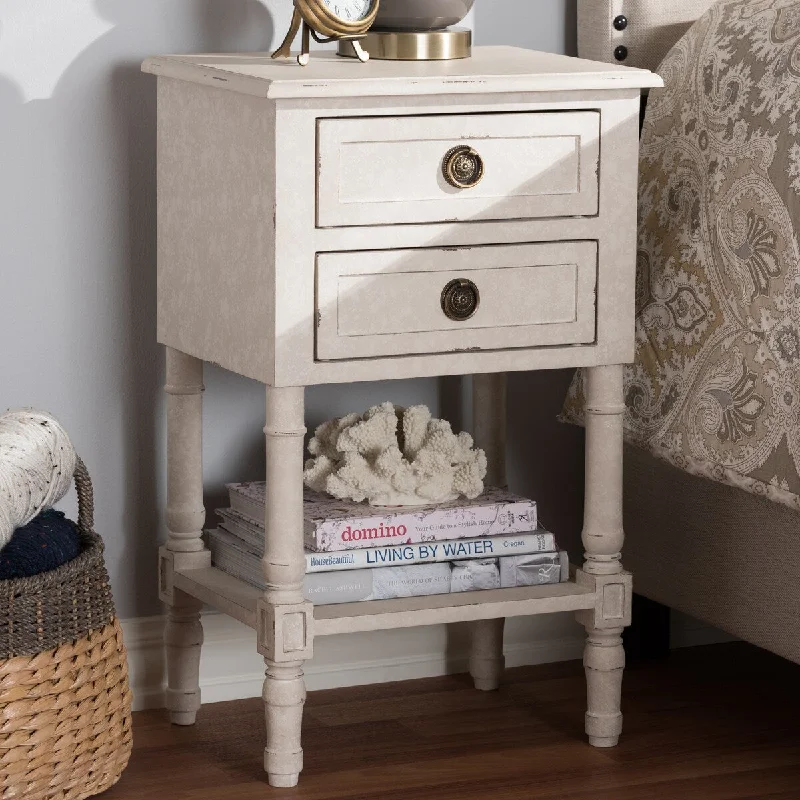 Lenore Country Cottage Farmhouse Whitewashed 2-Drawer Nightstand