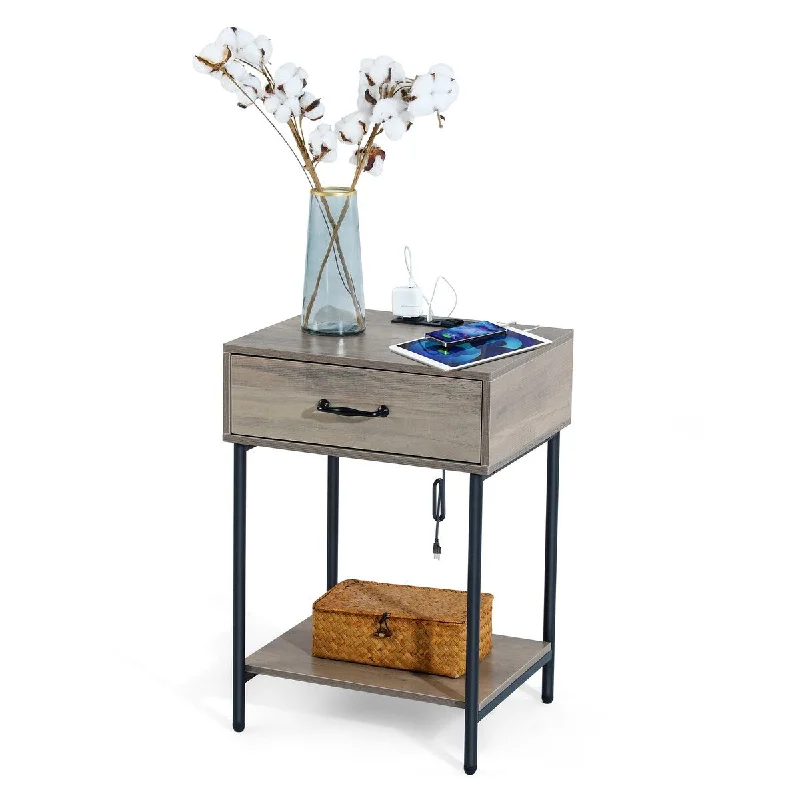 Mid-Century Modern Nightstand with 4-port Charging Station, Metal Frame Side Table with Drawer & Open Storage Shelf