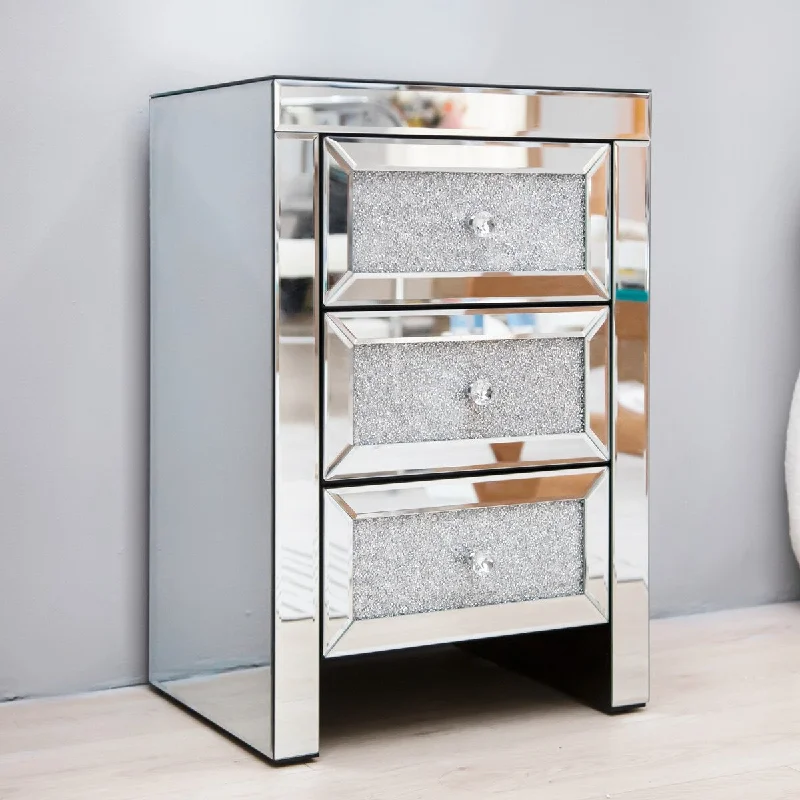 Mirrored Night Stand 3-Drawers Storage Cabinet