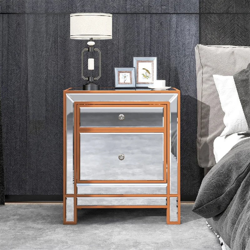 Mirrored Nightstand with 2 Storage Cabinets Crystal Knobs Silver