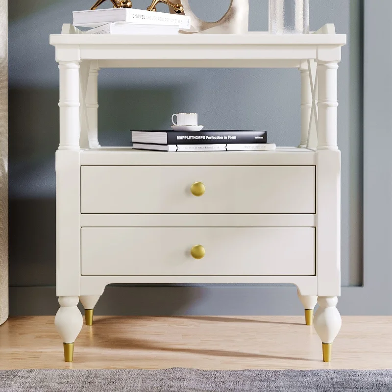 Modern 2 Drawer Solid Wood Nightstand Gold Metal Handles with Open Shelf and Fenced Deskto