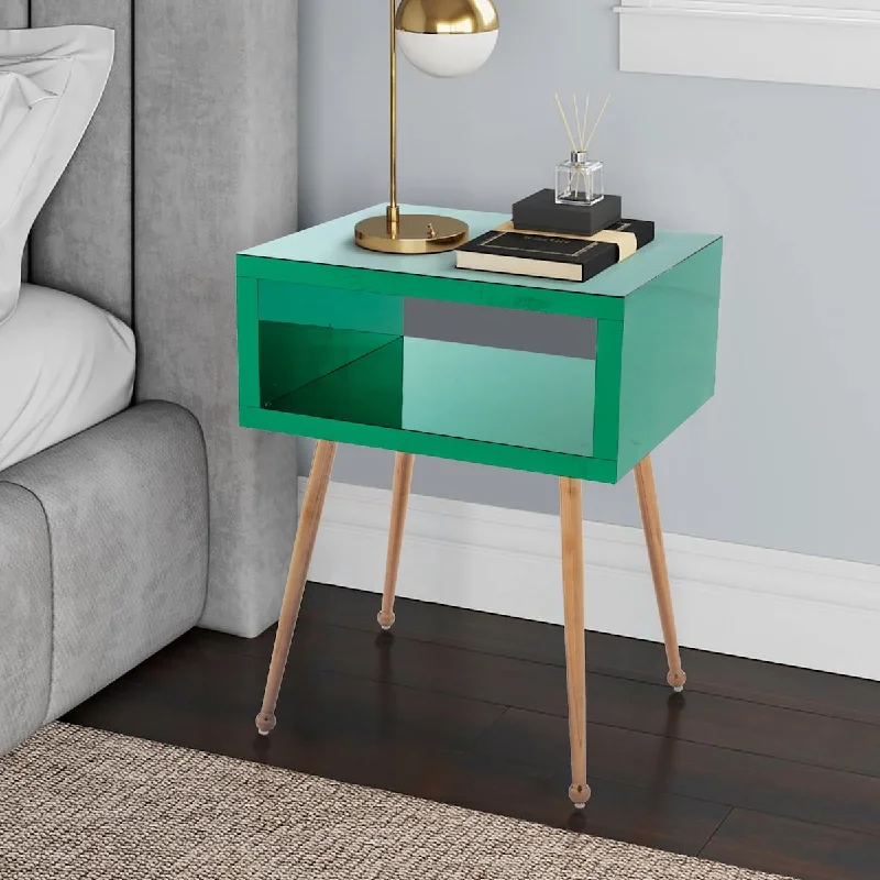 Modern Acrylic Mirrored End Side Table Mirrored Nightstand with Storage Shelf Open Compartment and Tapered Metal Legs