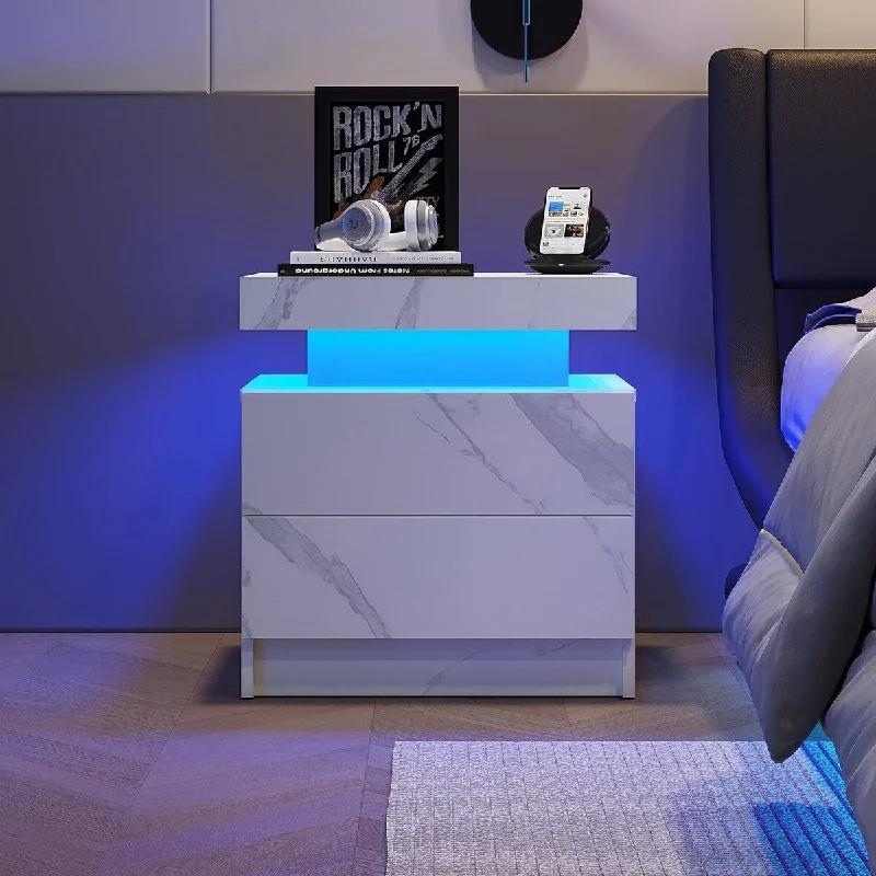 Modern Nightstand with LED Lights and 2 Drawers