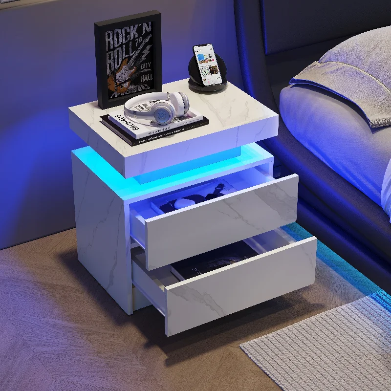 Modern Side Table White Stone Accent Nightstand with 2 Drawers