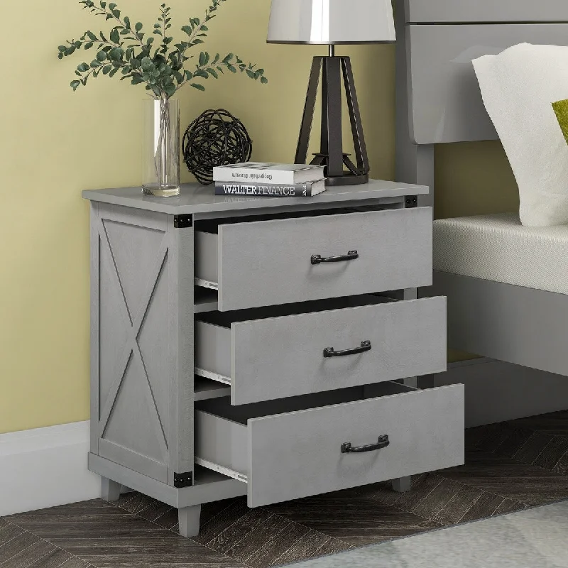 Modern Style Pine Wood 3-Drawer Nightstand with Ample Storage