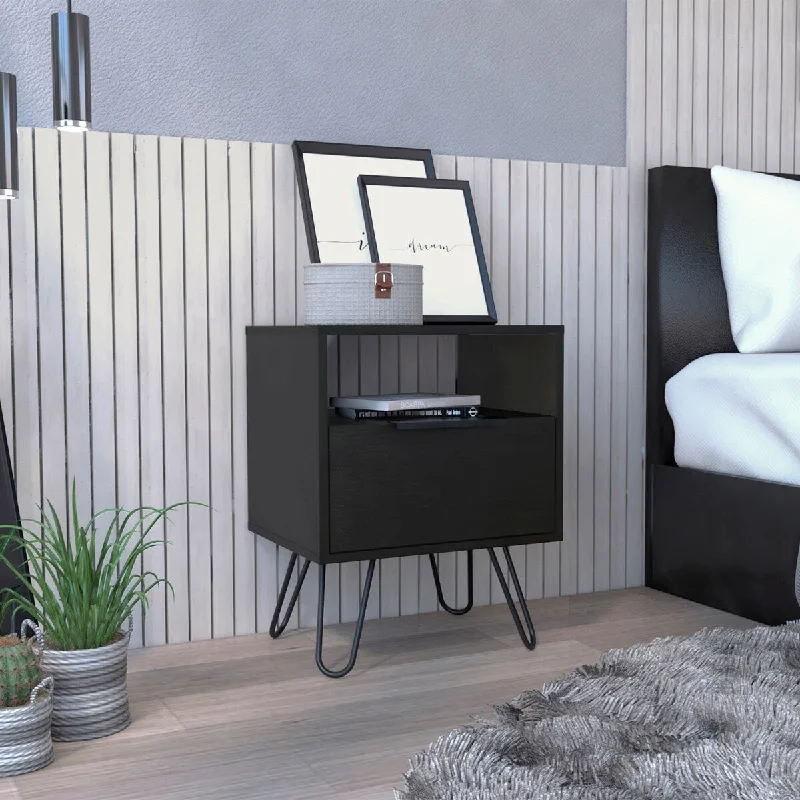 Nightstand, Single Door Cabinet, Hairpin Legs -Black