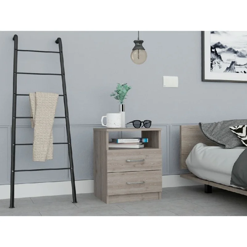 Nightstand, Superior Top, Two Drawers, One Shelf -Light Gray