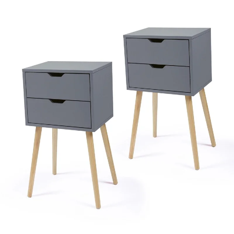 Nightstand with 2 Storage Drawers and anti-slip foot pads- Set of 2, Gray