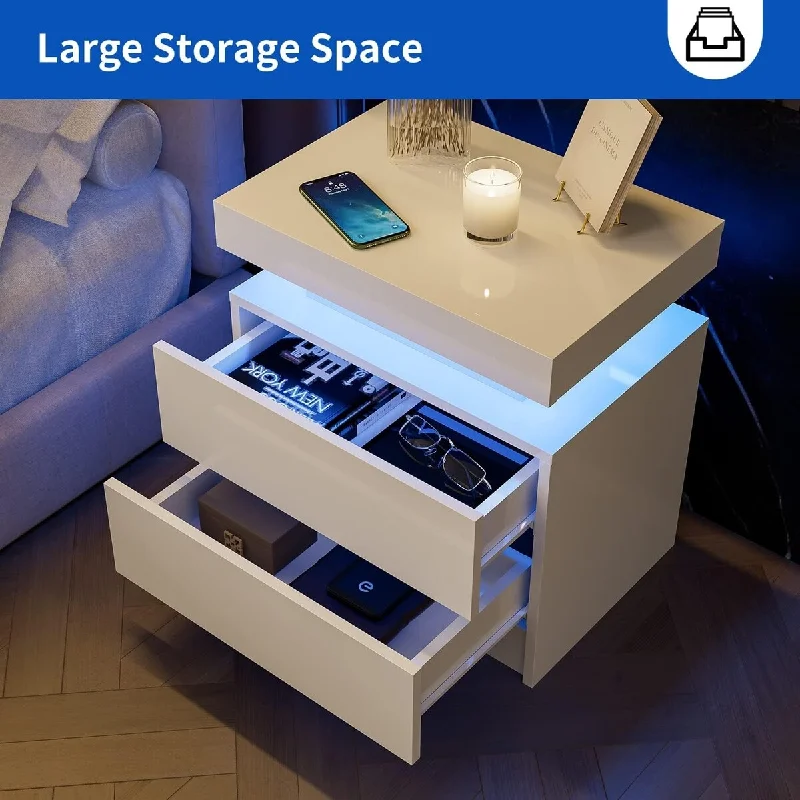 Nightstand with Built-in LED Lights and 2 Drawers