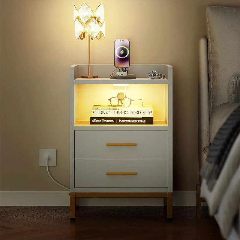 Nightstand with Charging Station and LED Lights 15.7"D x 16.9"W x 28.1"H