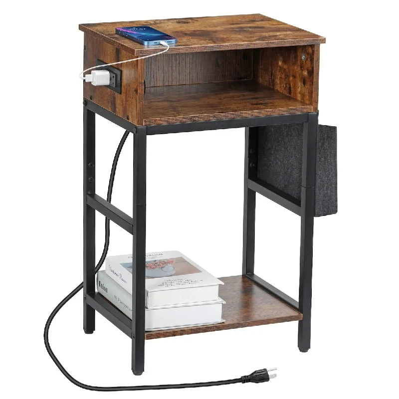 Nightstand with Charging Station, End Side Table with Storage Bag, Drawer and USB Ports & Power Outlets, Beside Night Stand