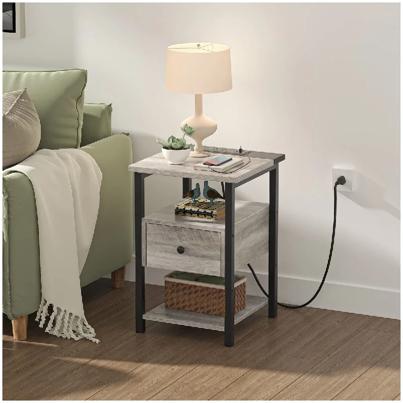 Nightstand with Charging Station, Industrial End Side Table with Wood Drawer, Night Stand with USB Ports, 3-Tier Shelf