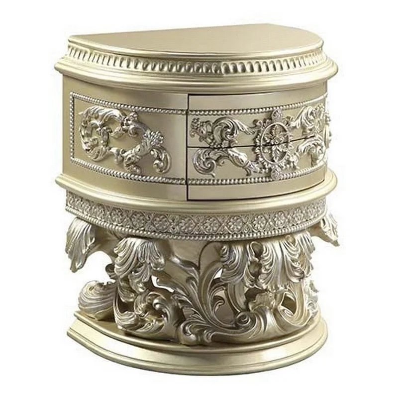 Nightstand with Scrolled Carvings and Half Moon Shape, Champagne Silver