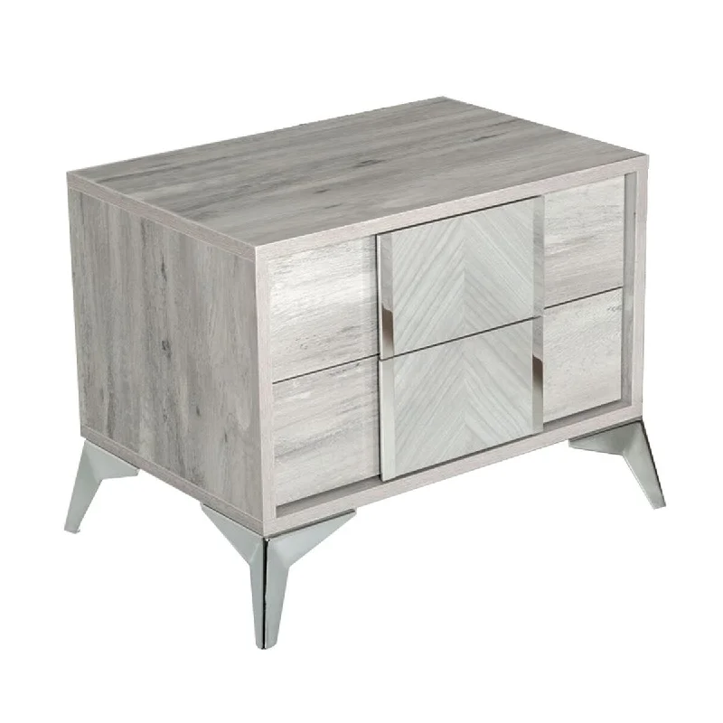 Noe Jiya 24 Inch 2 Drawer Nightstand, Chevron Pattern Front, Smooth Gray