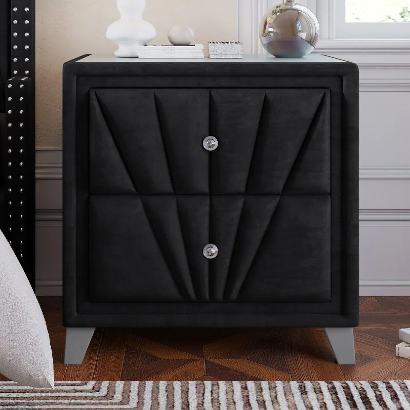 Opulent Velvet Channel Tufted Nightstand with Glass Top - Sturdy Solid Wood Frame for Elegant and Organized Storage