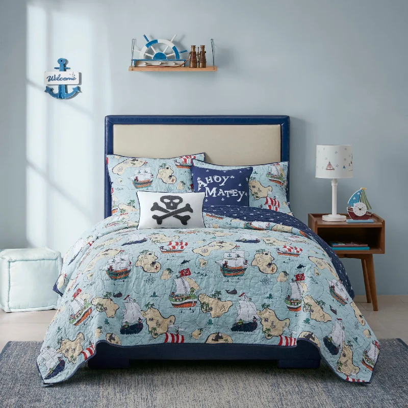 Pirate Explorer Blue Cotton Reversible Coverlet Set by Urban Habitat Kids