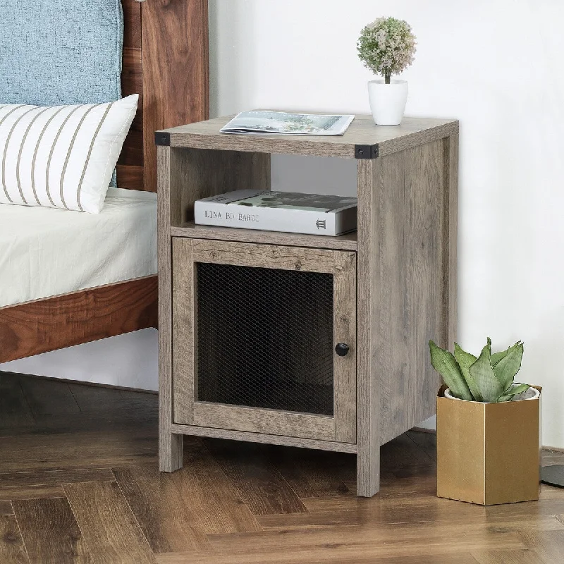 Retro Gray Multi-Function All In One Farmhouse Nightstand with Power Outlets, USB Ports, Cabinet, Storage Shelf