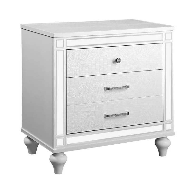 Reya 29 Inch Nightstand, Classic White, Textured Panels, Mirrored Trim