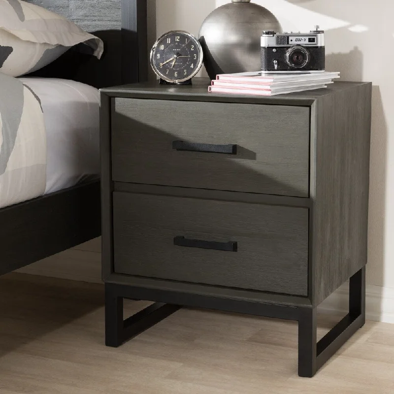 Rustic Grey Wood and Black Metal 2-Drawer Nightstand by Baxton Studio