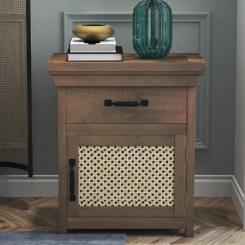 Rustic Nightstand with Drawer and Rattan Design Cabinet